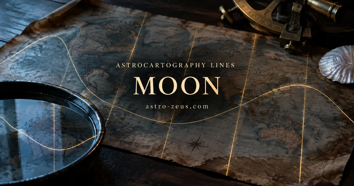 An aged map beside a dish of still water reflecting it, with a brass sextant arc and a pearl shell resting on the paper.