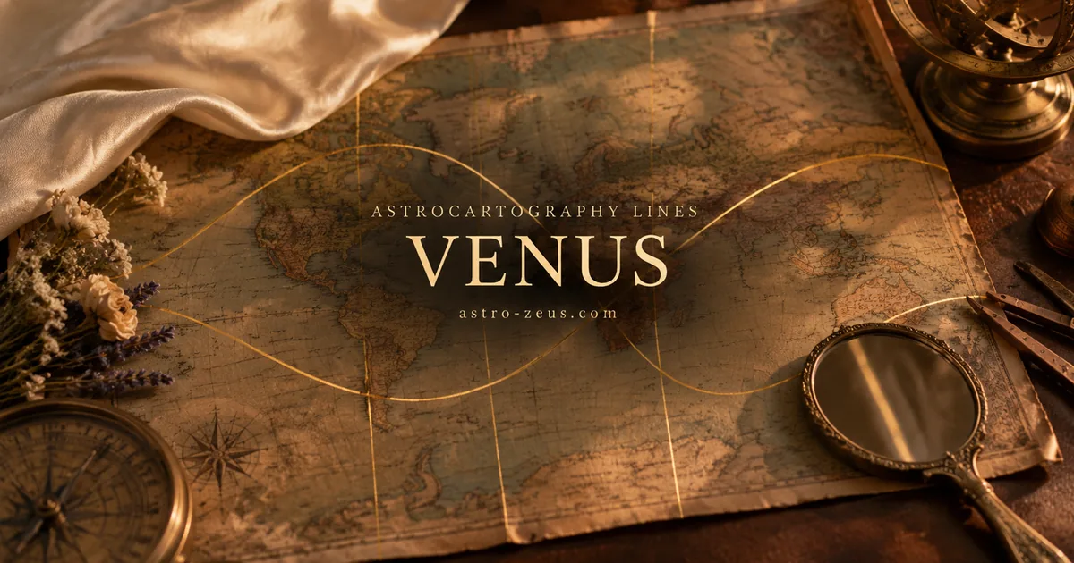 Pale silk draped across an aged map with a small hand mirror lying face up on it, reflecting a single gold line, beside copper instruments and dried flowers.
