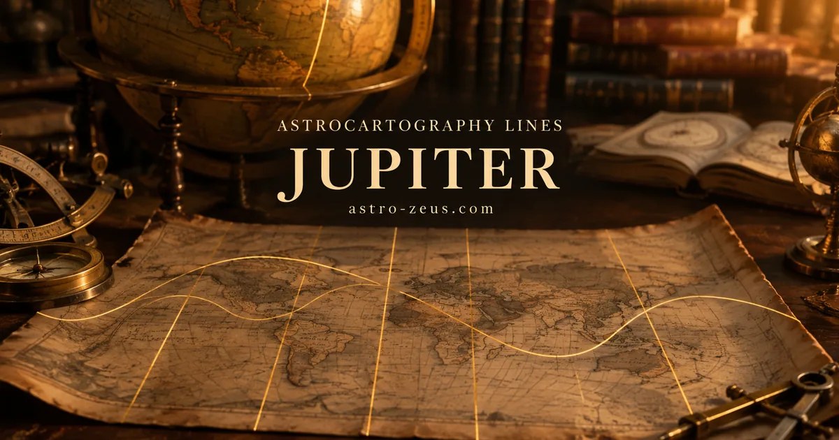A large brass floor globe standing behind an aged map in a dim library, with stacked leather-bound books out of focus and a broad gold line crossing the paper.