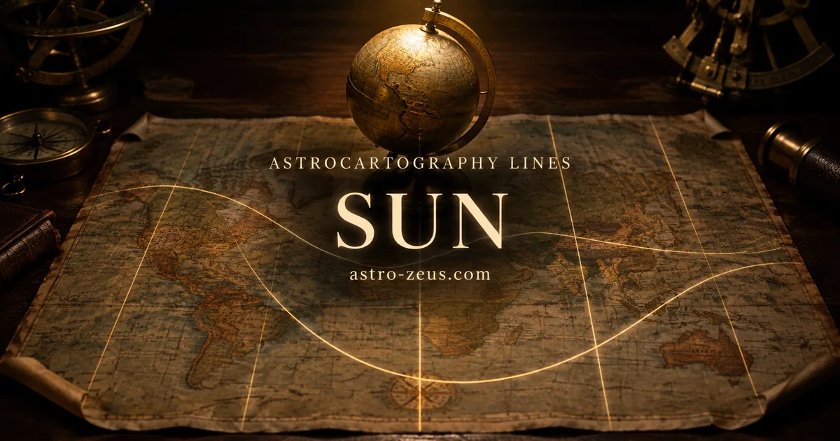 A brass globe standing on an aged map under light falling straight from overhead, casting almost no shadow, with a gold line running down the paper beneath it.