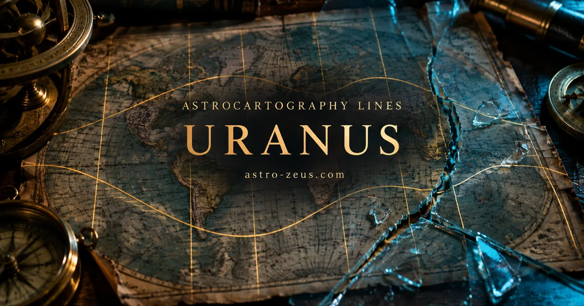 An aged map under a sheet of cracked glass, its printed grid and drawn lines broken and offset along the fracture, with cold blue light coming up through the crack.