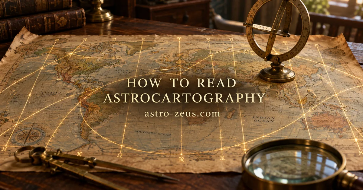An aged world map on a drafting table with a brass armillary sphere standing on it, dividers and a magnifying glass at the edges, and thin luminous lines running across the paper.
